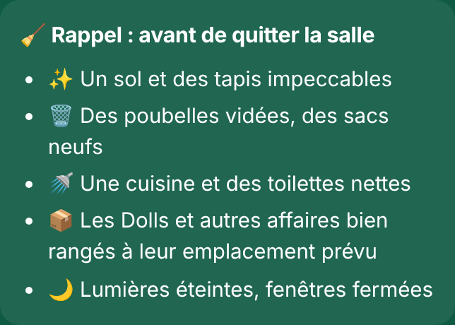 Rappel avant de quitter la salle